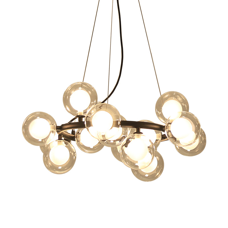 Modern 15/25 Bulbs Chandelier Black Bubbled Wreath Hanging Ceiling Light with Clear and Frosted Glass Shade 15 Black Clearhalo 'Ceiling Lights' 'Chandeliers' 'Modern Chandeliers' 'Modern' Lighting' 1949600