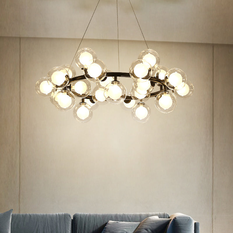 Modern 15/25 Bulbs Chandelier Black Bubbled Wreath Hanging Ceiling Light with Clear and Frosted Glass Shade 25 Black Clearhalo 'Ceiling Lights' 'Chandeliers' 'Modern Chandeliers' 'Modern' Lighting' 1949603
