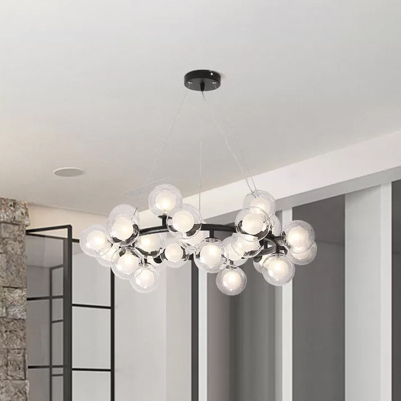 Modern 15/25 Bulbs Chandelier Black Bubbled Wreath Hanging Ceiling Light with Clear and Frosted Glass Shade Clearhalo 'Ceiling Lights' 'Chandeliers' 'Modern Chandeliers' 'Modern' Lighting' 1949605