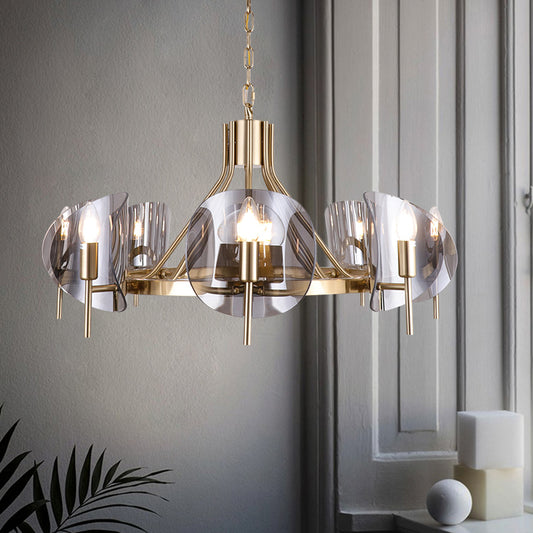 Shield Parlor Ceiling Hang Light Smoky Grey Glass 8 Lights Postmodern Chandelier Lighting in Gold Gold Clearhalo 'Ceiling Lights' 'Chandeliers' 'Modern Chandeliers' 'Modern' Lighting' 1949674