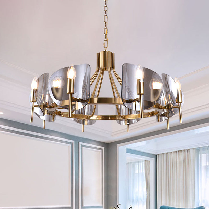 Shield Parlor Ceiling Hang Light Smoky Grey Glass 8 Lights Postmodern Chandelier Lighting in Gold Clearhalo 'Ceiling Lights' 'Chandeliers' 'Modern Chandeliers' 'Modern' Lighting' 1949676