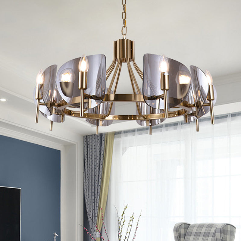 Shield Parlor Ceiling Hang Light Smoky Grey Glass 8 Lights Postmodern Chandelier Lighting in Gold Clearhalo 'Ceiling Lights' 'Chandeliers' 'Modern Chandeliers' 'Modern' Lighting' 1949677