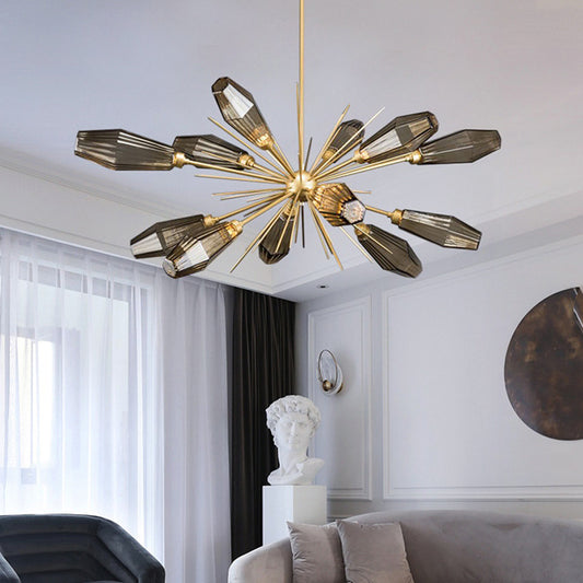 Burst Design Diamond Hanging Ceiling Light Postmodern Smoke Grey Glass 12-Head Living Room Chandelier Lamp in Gold Clearhalo 'Ceiling Lights' 'Chandeliers' 'Modern Chandeliers' 'Modern' Lighting' 1949687