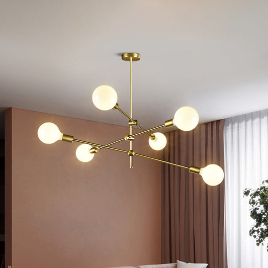 Rotatable 3-Arm Chandelier Minimalism White Ball Glass 6 Bulbs Gold Suspension Pendant Light Clearhalo 'Ceiling Lights' 'Chandeliers' 'Modern Chandeliers' 'Modern' Lighting' 1949701