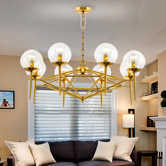 Postmodern Vertical Chandelier Metal 8-Light Living Room Hanging Lamp in Gold with Ball Clear Glass Shade Gold Clearhalo 'Ceiling Lights' 'Chandeliers' 'Modern Chandeliers' 'Modern' Lighting' 1949772