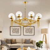 Postmodern Vertical Chandelier Metal 8-Light Living Room Hanging Lamp in Gold with Ball Clear Glass Shade Clearhalo 'Ceiling Lights' 'Chandeliers' 'Modern Chandeliers' 'Modern' Lighting' 1949773