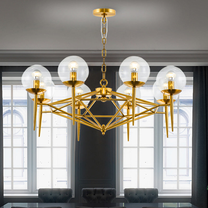 Postmodern Vertical Chandelier Metal 8-Light Living Room Hanging Lamp in Gold with Ball Clear Glass Shade Clearhalo 'Ceiling Lights' 'Chandeliers' 'Modern Chandeliers' 'Modern' Lighting' 1949774