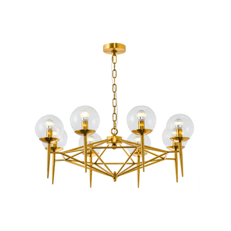 Postmodern Vertical Chandelier Metal 8-Light Living Room Hanging Lamp in Gold with Ball Clear Glass Shade Clearhalo 'Ceiling Lights' 'Chandeliers' 'Modern Chandeliers' 'Modern' Lighting' 1949775
