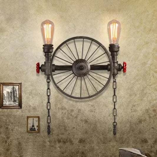 Wrought Iron Pipe Wall Light Loft 2/4-Light Bistro Wall Mount Fixture with Decorative Wheel and Chain in Silver/Bronze 2.0 Bronze Clearhalo 'Art deco wall lights' 'Cast Iron' 'Glass' 'Industrial wall lights' 'Industrial' 'Middle century wall lights' 'Modern' 'Rustic wall lights' 'Tiffany' 'Traditional wall lights' 'Wall Lamps & Sconces' 'Wall Lights' Lighting' 1949890