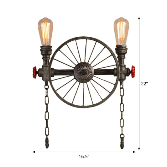 Wrought Iron Pipe Wall Light Loft 2/4-Light Bistro Wall Mount Fixture with Decorative Wheel and Chain in Silver/Bronze Clearhalo 'Art deco wall lights' 'Cast Iron' 'Glass' 'Industrial wall lights' 'Industrial' 'Middle century wall lights' 'Modern' 'Rustic wall lights' 'Tiffany' 'Traditional wall lights' 'Wall Lamps & Sconces' 'Wall Lights' Lighting' 1949893