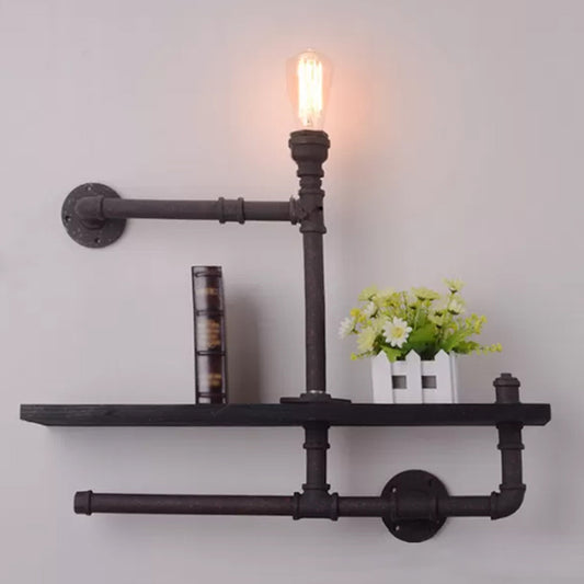 Pipe Rack Boys Room Wall Lighting Industrial Iron 1-Light Black/Rust Finish Wall Mount Lamp Black Clearhalo 'Art deco wall lights' 'Cast Iron' 'Glass' 'Industrial wall lights' 'Industrial' 'Middle century wall lights' 'Modern' 'Rustic wall lights' 'Tiffany' 'Traditional wall lights' 'Wall Lamps & Sconces' 'Wall Lights' Lighting' 1949947