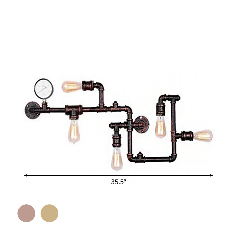 Rust/Bronze 5-Head Wall Lighting Ideas Industrial Wrought Iron Pipe System Wall Mounted Lamp with Pressure Gauge Clearhalo 'Art deco wall lights' 'Cast Iron' 'Glass' 'Industrial wall lights' 'Industrial' 'Middle century wall lights' 'Modern' 'Rustic wall lights' 'Tiffany' 'Traditional wall lights' 'Wall Lamps & Sconces' 'Wall Lights' Lighting' 1949964