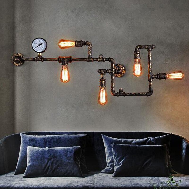 Rust/Bronze 5-Head Wall Lighting Ideas Industrial Wrought Iron Pipe System Wall Mounted Lamp with Pressure Gauge Clearhalo 'Art deco wall lights' 'Cast Iron' 'Glass' 'Industrial wall lights' 'Industrial' 'Middle century wall lights' 'Modern' 'Rustic wall lights' 'Tiffany' 'Traditional wall lights' 'Wall Lamps & Sconces' 'Wall Lights' Lighting' 1949966