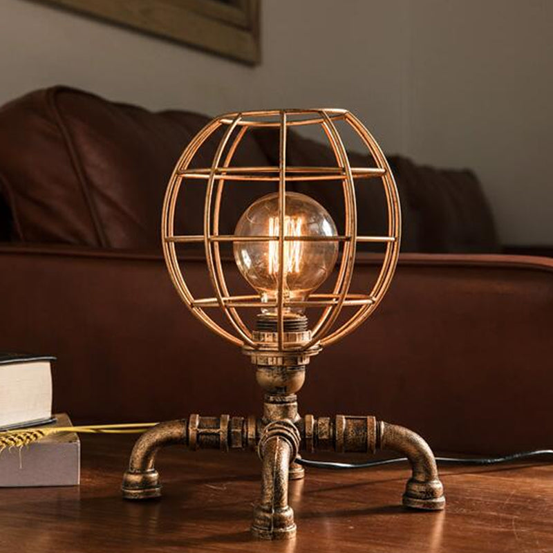 Bronze Single-Bulb Table Light Warehouse Style Iron 3-Leg/4-Leg/Sitting Robot Nightstand Lamp with/without Cage Guard Clearhalo 'Lamps' 'Table Lamps' Lighting' 1949974