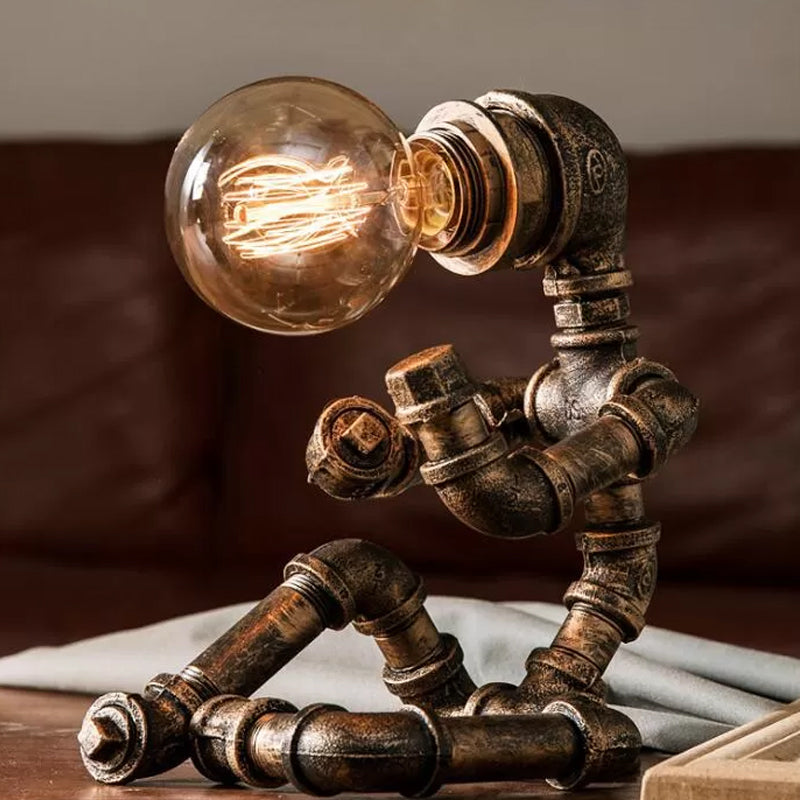 Bronze Single-Bulb Table Light Warehouse Style Iron 3-Leg/4-Leg/Sitting Robot Nightstand Lamp with/without Cage Guard Bronze E Clearhalo 'Lamps' 'Table Lamps' Lighting' 1949977