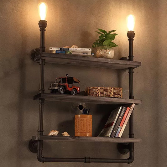 2 Lights Wall Mount Lighting Loft Style 3-Tier Pipe Shelf Iron Wall Lamp in Black Black Clearhalo 'Art deco wall lights' 'Cast Iron' 'Glass' 'Industrial wall lights' 'Industrial' 'Middle century wall lights' 'Modern' 'Rustic wall lights' 'Tiffany' 'Traditional wall lights' 'Wall Lamps & Sconces' 'Wall Lights' Lighting' 1949999