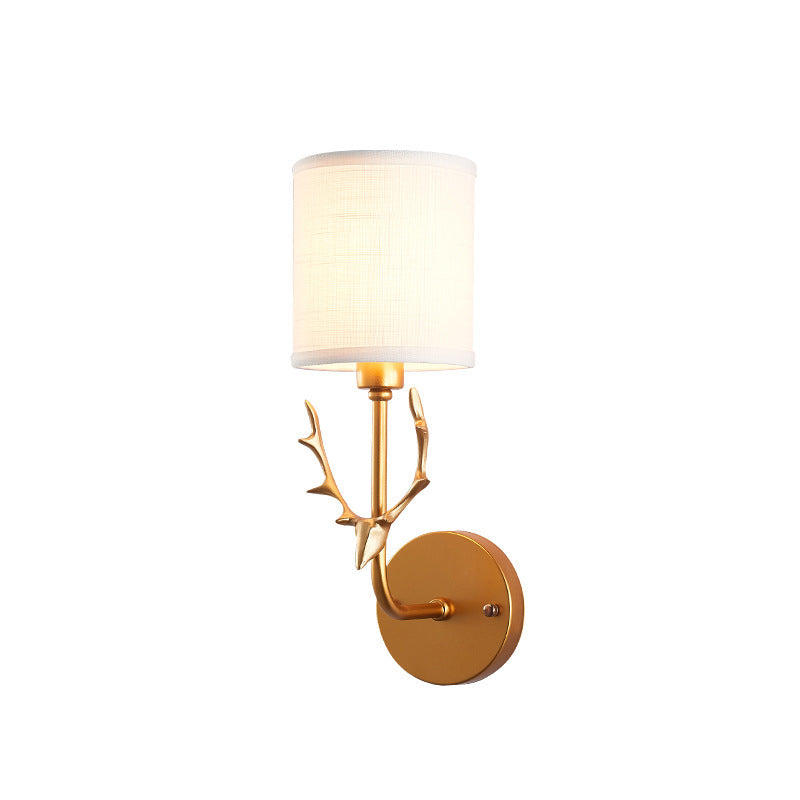 1-Bulb Gold Dear Wall Light with Cylinder Shade Rustic Metal Wall Lamp for Adult Bedroom Clearhalo 'Wall Lamps & Sconces' 'Wall Lights' Lighting' 195006