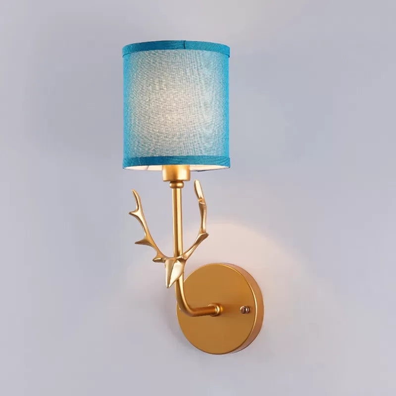 1-Bulb Gold Dear Wall Light with Cylinder Shade Rustic Metal Wall Lamp for Adult Bedroom Blue Clearhalo 'Wall Lamps & Sconces' 'Wall Lights' Lighting' 195010