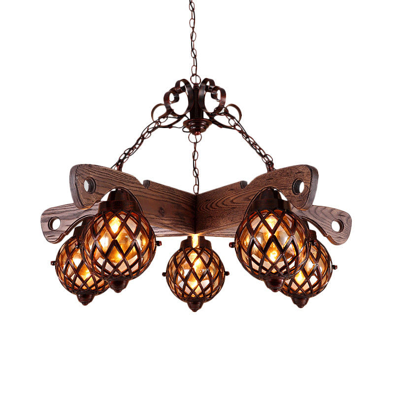 Country Style Globe Chandelier with Amber Glass Adjustable 3/5 Heads Hanging Pendant Light in Black Clearhalo 'Ceiling Lights' 'Chandeliers' 'Glass shade' 'Glass' 'Industrial Chandeliers' 'Industrial' 'Middle Century Chandeliers' 'Tiffany' Lighting' 1950134