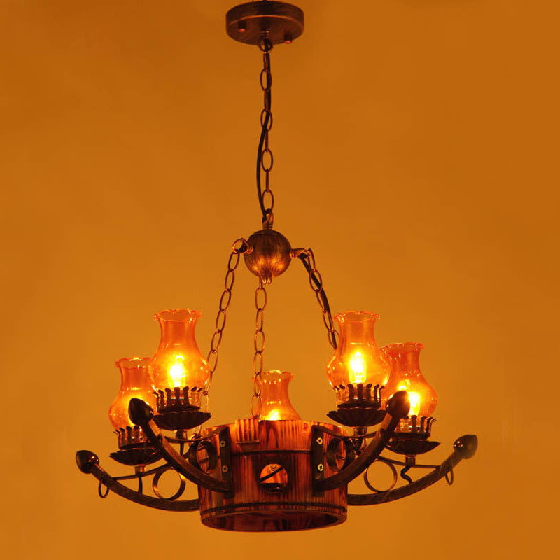 3/5 Lights Antique Hanging Chandelier Height Adjustable Amber Glass Oil Lamp in Rust Clearhalo 'Ceiling Lights' 'Chandeliers' 'Glass shade' 'Glass' 'Industrial Chandeliers' 'Industrial' 'Middle Century Chandeliers' 'Tiffany' Lighting' 1950150