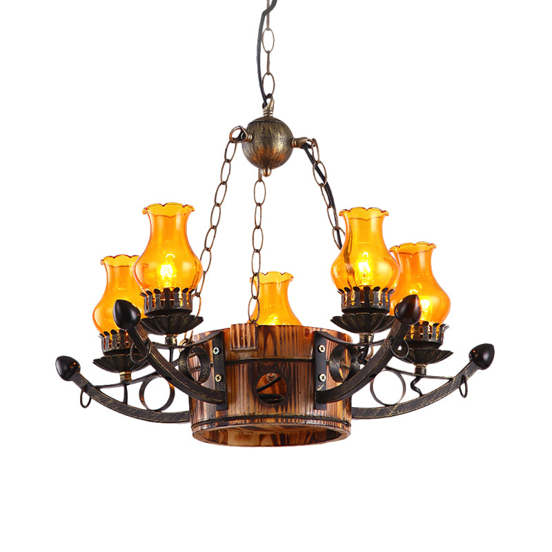 3/5 Lights Antique Hanging Chandelier Height Adjustable Amber Glass Oil Lamp in Rust Clearhalo 'Ceiling Lights' 'Chandeliers' 'Glass shade' 'Glass' 'Industrial Chandeliers' 'Industrial' 'Middle Century Chandeliers' 'Tiffany' Lighting' 1950151