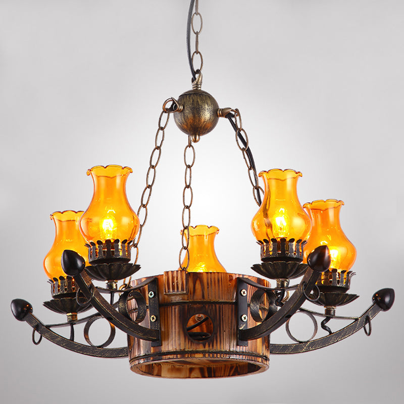 3/5 Lights Antique Hanging Chandelier Height Adjustable Amber Glass Oil Lamp in Rust Clearhalo 'Ceiling Lights' 'Chandeliers' 'Glass shade' 'Glass' 'Industrial Chandeliers' 'Industrial' 'Middle Century Chandeliers' 'Tiffany' Lighting' 1950152
