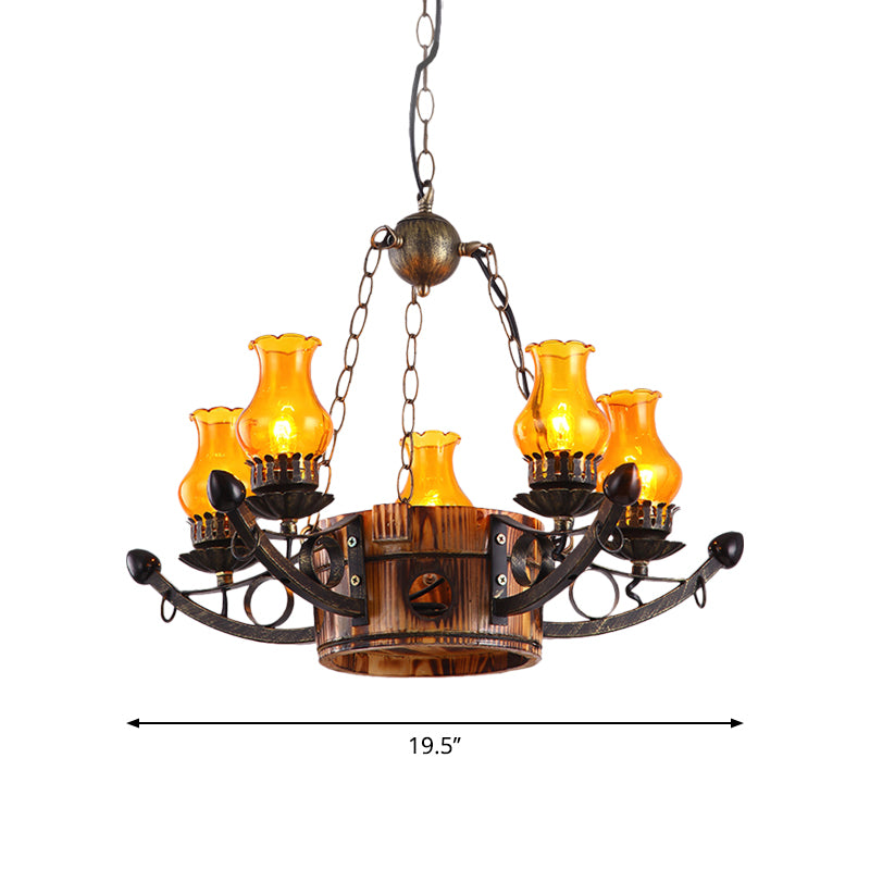 3/5 Lights Antique Hanging Chandelier Height Adjustable Amber Glass Oil Lamp in Rust Clearhalo 'Ceiling Lights' 'Chandeliers' 'Glass shade' 'Glass' 'Industrial Chandeliers' 'Industrial' 'Middle Century Chandeliers' 'Tiffany' Lighting' 1950153