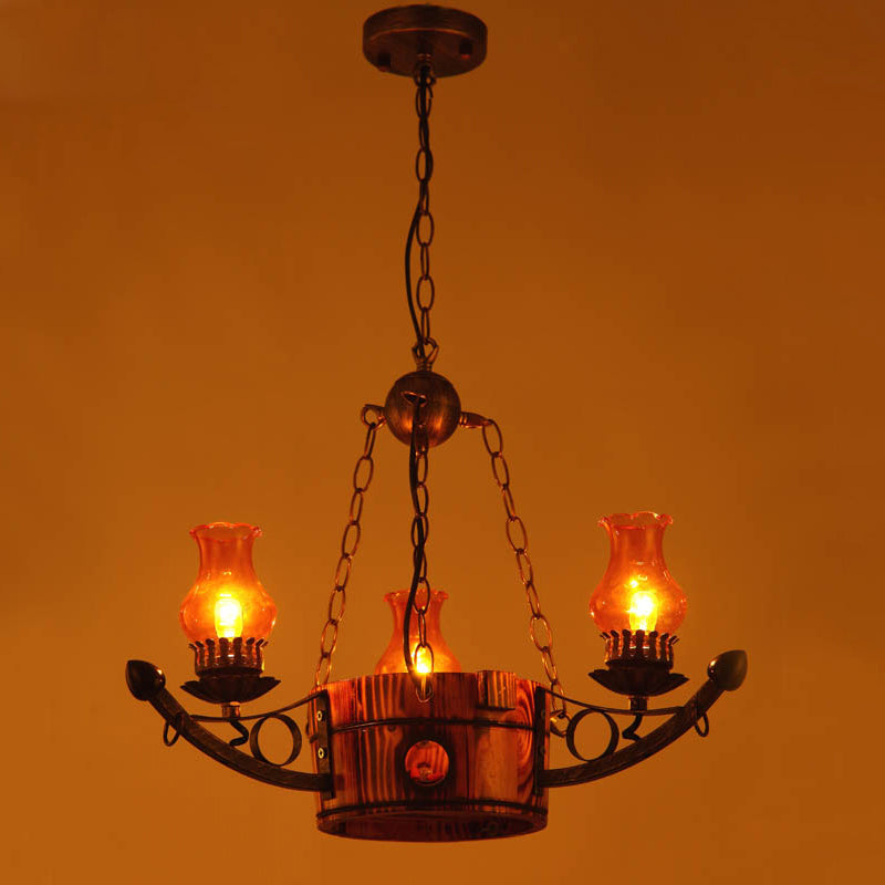 3/5 Lights Antique Hanging Chandelier Height Adjustable Amber Glass Oil Lamp in Rust Clearhalo 'Ceiling Lights' 'Chandeliers' 'Glass shade' 'Glass' 'Industrial Chandeliers' 'Industrial' 'Middle Century Chandeliers' 'Tiffany' Lighting' 1950155