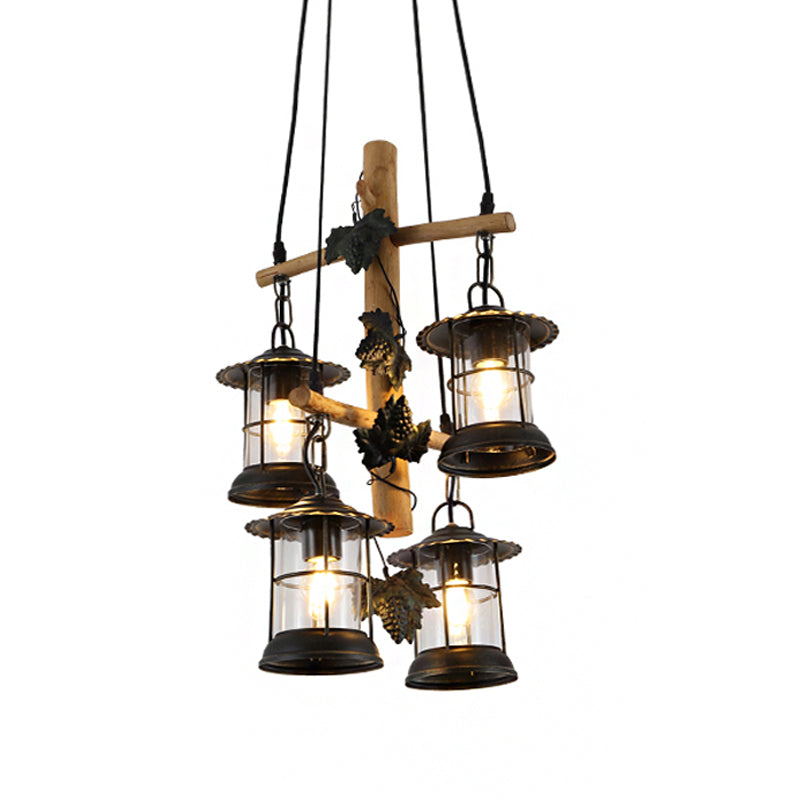 3/4 Lights Lantern Ceiling Light with Adjustable Metal Chain Industrial Clear Glass Hanging Chandelier in Black Clearhalo 'Ceiling Lights' 'Chandeliers' 'Close To Ceiling Lights' 'Glass shade' 'Glass' 'Industrial Chandeliers' 'Industrial' 'Middle Century Chandeliers' 'Tiffany' Lighting' 1950160