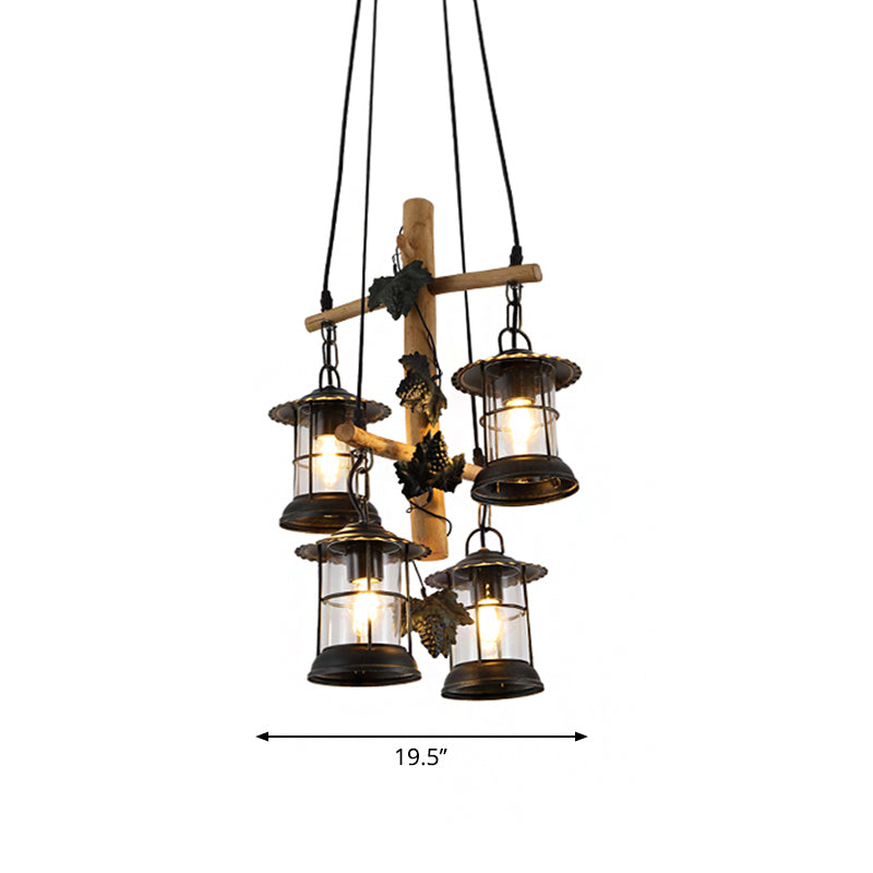 3/4 Lights Lantern Ceiling Light with Adjustable Metal Chain Industrial Clear Glass Hanging Chandelier in Black Clearhalo 'Ceiling Lights' 'Chandeliers' 'Close To Ceiling Lights' 'Glass shade' 'Glass' 'Industrial Chandeliers' 'Industrial' 'Middle Century Chandeliers' 'Tiffany' Lighting' 1950161
