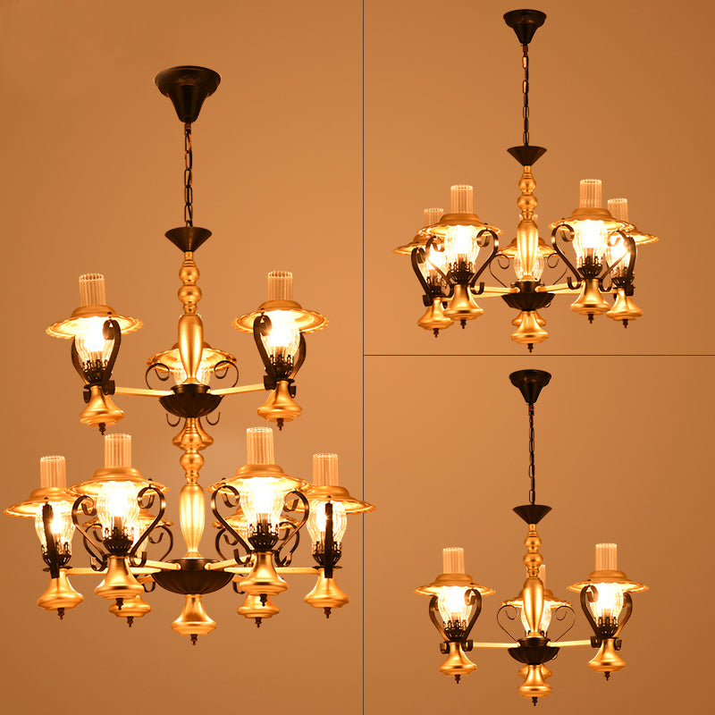 3/5 Lights Lantern Chandelier Lighting Height Adjustable Metal and Glass Vintage Pendant Lamp in Gold Clearhalo 'Ceiling Lights' 'Chandeliers' 'Close To Ceiling Lights' 'Glass shade' 'Glass' 'Industrial Chandeliers' 'Industrial' 'Middle Century Chandeliers' 'Tiffany' Lighting' 1950166