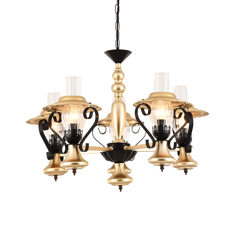 3/5 Lights Lantern Chandelier Lighting Height Adjustable Metal and Glass Vintage Pendant Lamp in Gold Clearhalo 'Ceiling Lights' 'Chandeliers' 'Close To Ceiling Lights' 'Glass shade' 'Glass' 'Industrial Chandeliers' 'Industrial' 'Middle Century Chandeliers' 'Tiffany' Lighting' 1950168