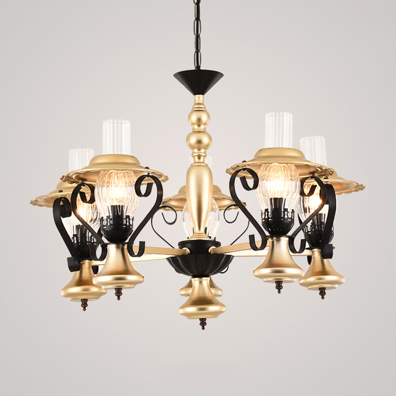 3/5 Lights Lantern Chandelier Lighting Height Adjustable Metal and Glass Vintage Pendant Lamp in Gold Clearhalo 'Ceiling Lights' 'Chandeliers' 'Close To Ceiling Lights' 'Glass shade' 'Glass' 'Industrial Chandeliers' 'Industrial' 'Middle Century Chandeliers' 'Tiffany' Lighting' 1950169