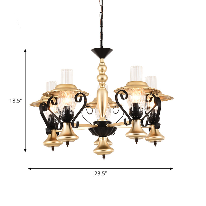 3/5 Lights Lantern Chandelier Lighting Height Adjustable Metal and Glass Vintage Pendant Lamp in Gold Clearhalo 'Ceiling Lights' 'Chandeliers' 'Close To Ceiling Lights' 'Glass shade' 'Glass' 'Industrial Chandeliers' 'Industrial' 'Middle Century Chandeliers' 'Tiffany' Lighting' 1950170