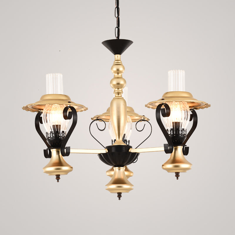 3/5 Lights Lantern Chandelier Lighting Height Adjustable Metal and Glass Vintage Pendant Lamp in Gold Clearhalo 'Ceiling Lights' 'Chandeliers' 'Close To Ceiling Lights' 'Glass shade' 'Glass' 'Industrial Chandeliers' 'Industrial' 'Middle Century Chandeliers' 'Tiffany' Lighting' 1950173