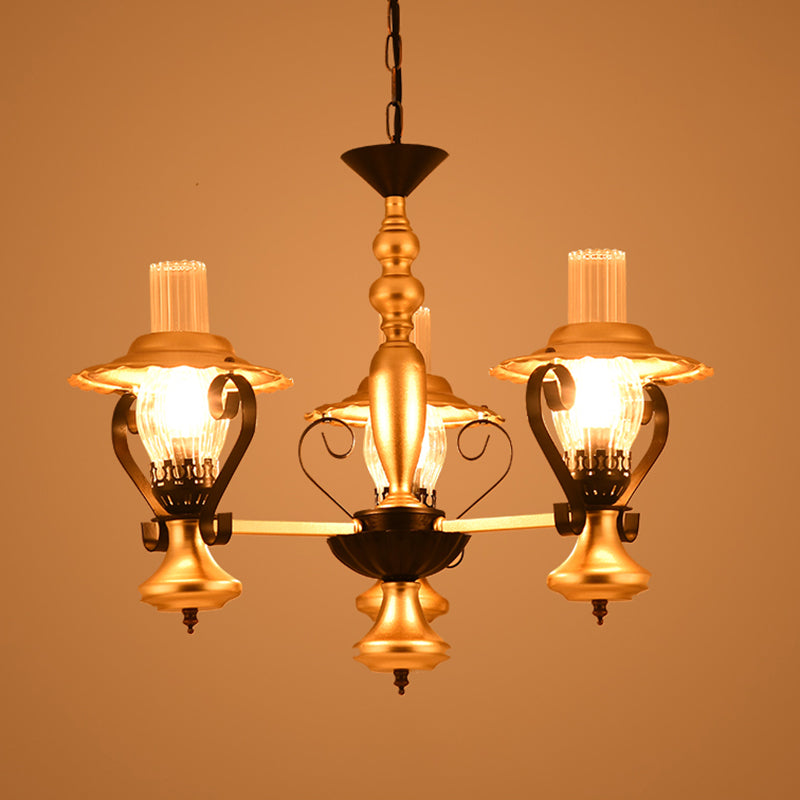 3/5 Lights Lantern Chandelier Lighting Height Adjustable Metal and Glass Vintage Pendant Lamp in Gold Clearhalo 'Ceiling Lights' 'Chandeliers' 'Close To Ceiling Lights' 'Glass shade' 'Glass' 'Industrial Chandeliers' 'Industrial' 'Middle Century Chandeliers' 'Tiffany' Lighting' 1950174