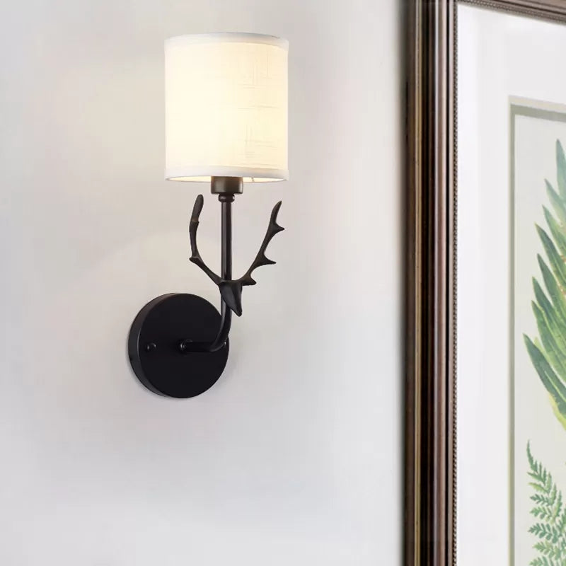 Cylinder Shade Wall Light with Black Deer 1 Light Rustic Metal Wall Lamp for Balcony White Clearhalo 'Wall Lamps & Sconces' 'Wall Lights' Lighting' 195021