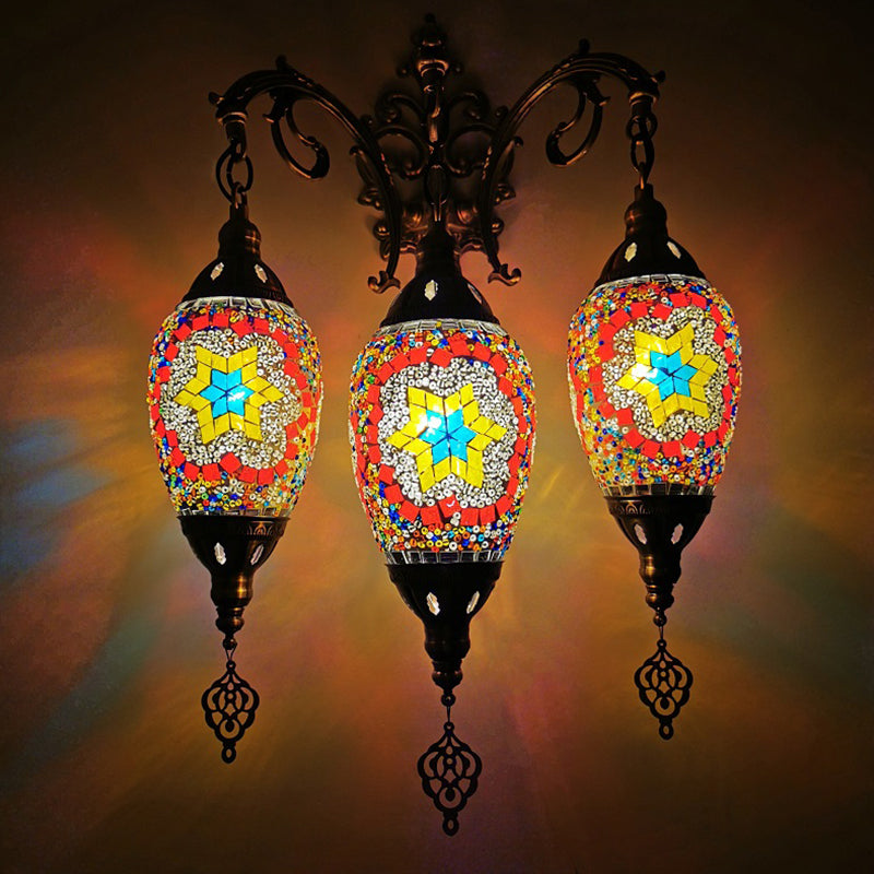 Traditional Oval Wall Mounted Lamp 3 Heads Stained Art Glass Sconce Light in White/Red/Light Blue Light Red Clearhalo 'Wall Lamps & Sconces' 'Wall Lights' Lighting' 1950236