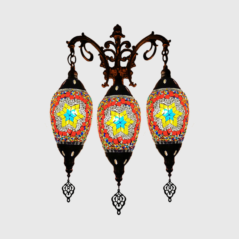 Traditional Oval Wall Mounted Lamp 3 Heads Stained Art Glass Sconce Light in White/Red/Light Blue Clearhalo 'Wall Lamps & Sconces' 'Wall Lights' Lighting' 1950238