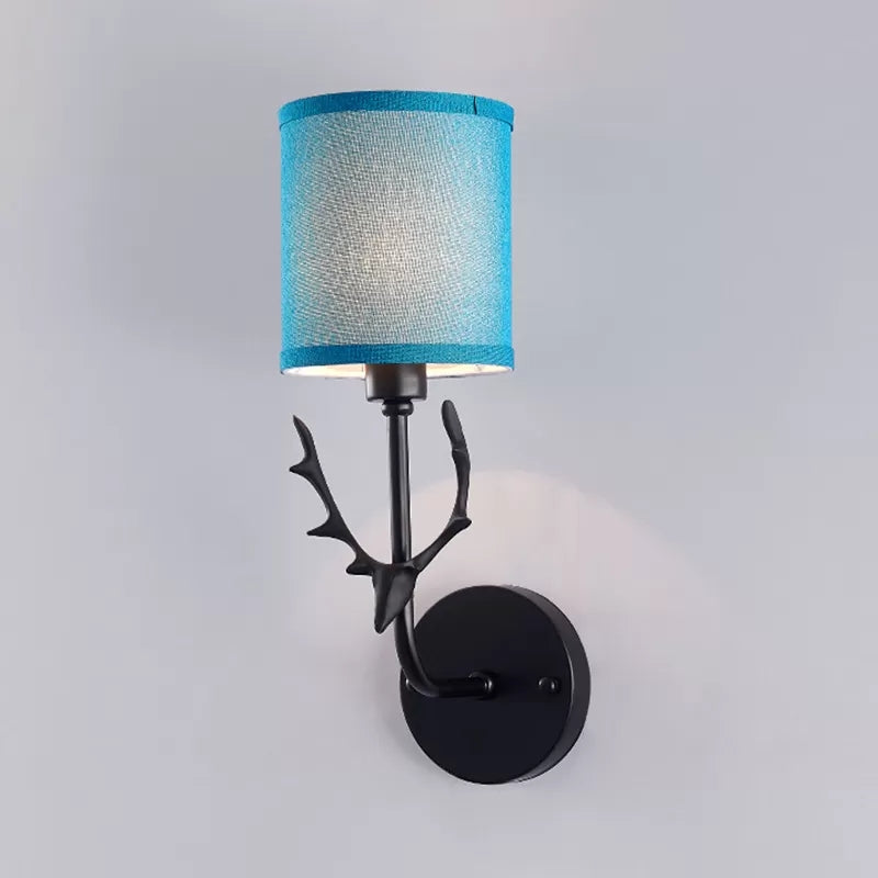 Cylinder Shade Wall Light with Black Deer 1 Light Rustic Metal Wall Lamp for Balcony Blue Clearhalo 'Wall Lamps & Sconces' 'Wall Lights' Lighting' 195024