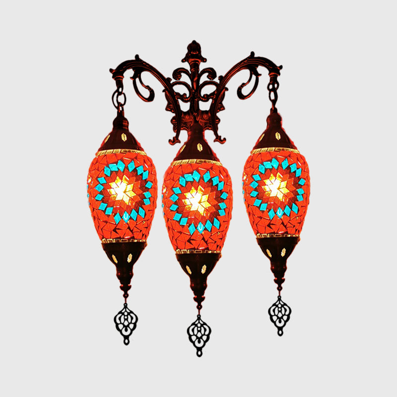 Traditional Oval Wall Mounted Lamp 3 Heads Stained Art Glass Sconce Light in White/Red/Light Blue Clearhalo 'Wall Lamps & Sconces' 'Wall Lights' Lighting' 1950244