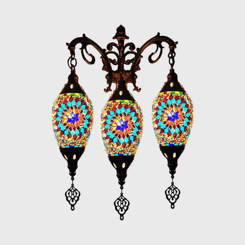 Traditional Oval Wall Mounted Lamp 3 Heads Stained Art Glass Sconce Light in White/Red/Light Blue Clearhalo 'Wall Lamps & Sconces' 'Wall Lights' Lighting' 1950247