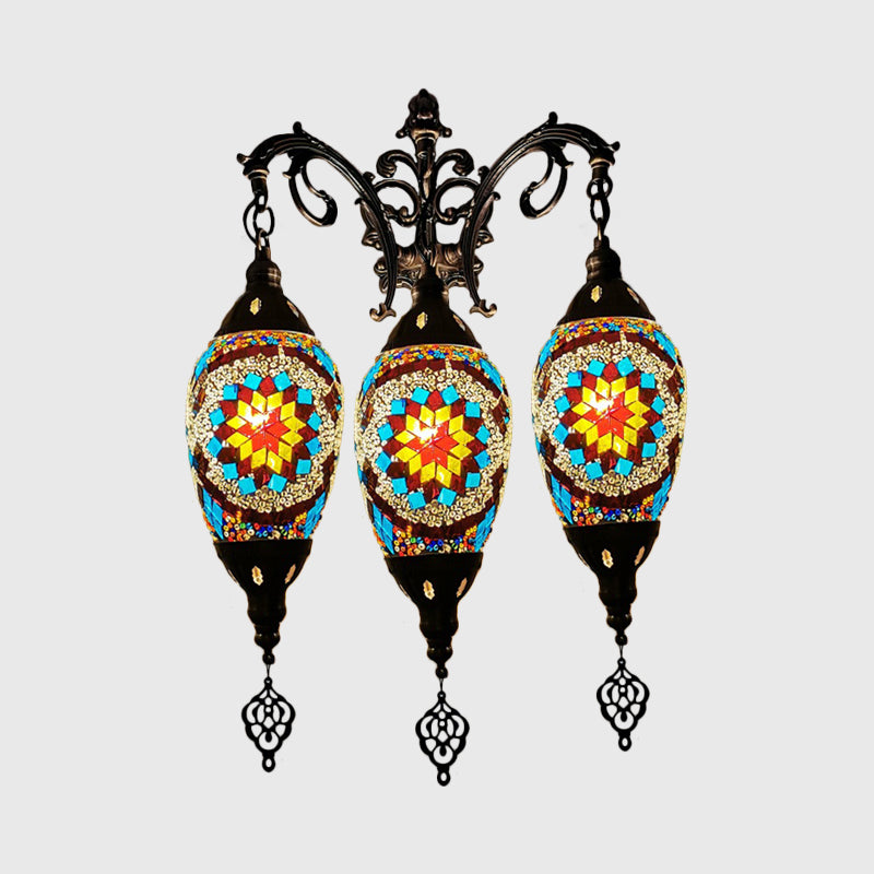 Traditional Oval Wall Mounted Lamp 3 Heads Stained Art Glass Sconce Light in White/Red/Light Blue Clearhalo 'Wall Lamps & Sconces' 'Wall Lights' Lighting' 1950250