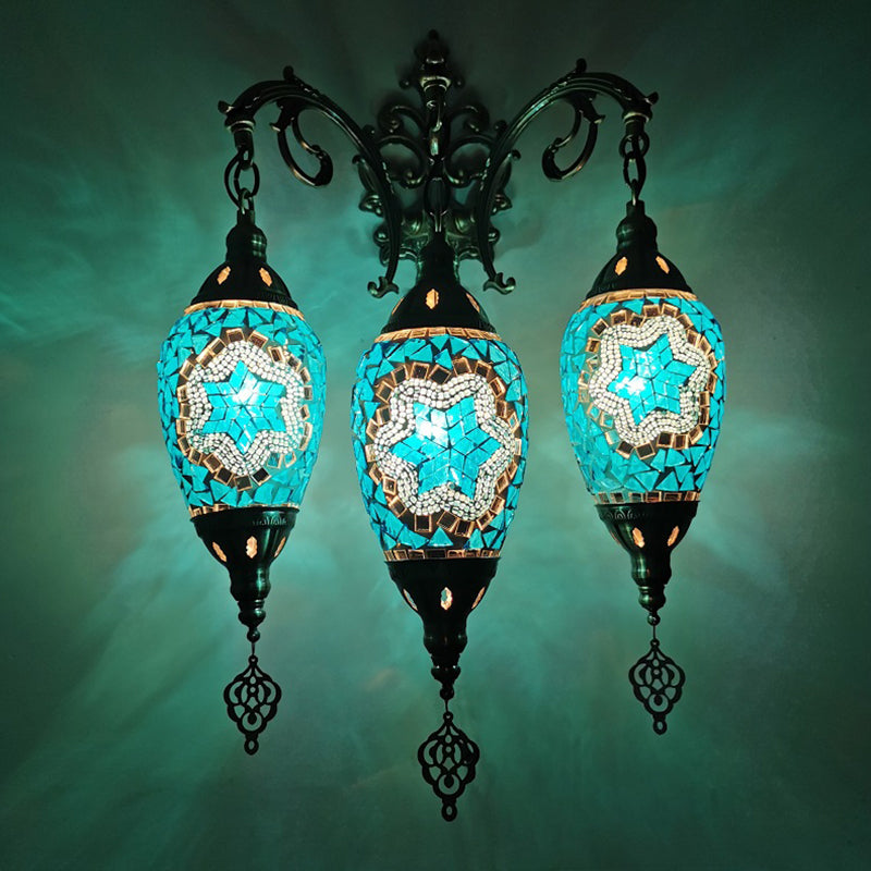 Traditional Oval Wall Mounted Lamp 3 Heads Stained Art Glass Sconce Light in White/Red/Light Blue Light Blue Clearhalo 'Wall Lamps & Sconces' 'Wall Lights' Lighting' 1950251