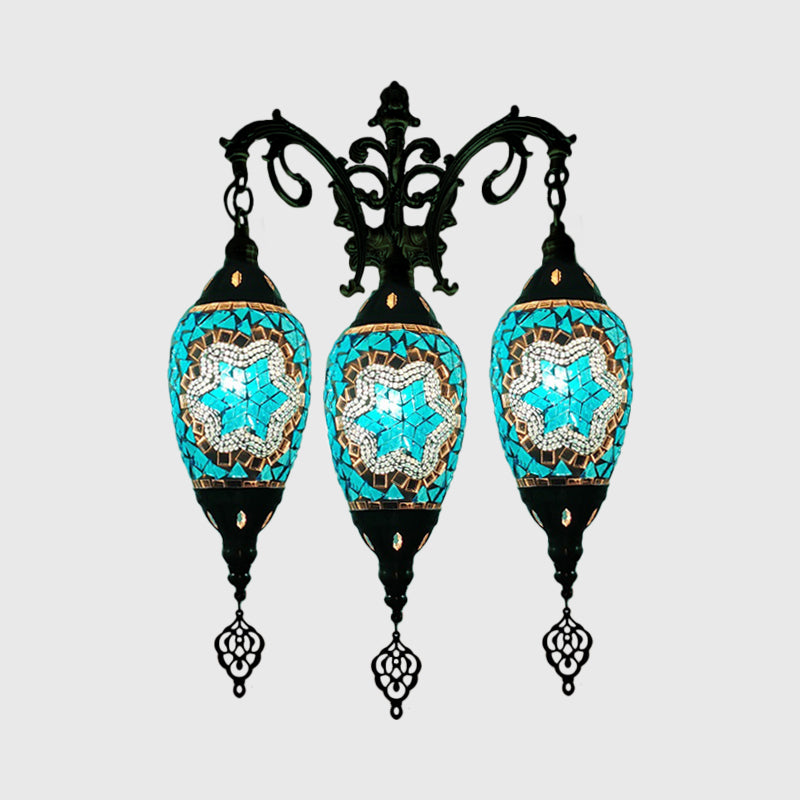 Traditional Oval Wall Mounted Lamp 3 Heads Stained Art Glass Sconce Light in White/Red/Light Blue Clearhalo 'Wall Lamps & Sconces' 'Wall Lights' Lighting' 1950253