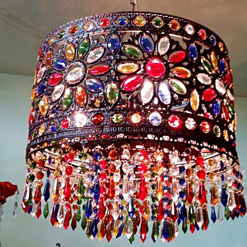 Drum Metallic Suspension Lamp Bohemian 3 Heads Living Room Chandelier Light with Crystal Deco in Red Clearhalo 'Ceiling Lights' 'Chandeliers' Lighting' options 1950566