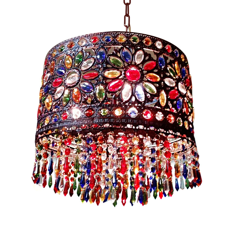 Drum Metallic Suspension Lamp Bohemian 3 Heads Living Room Chandelier Light with Crystal Deco in Red Clearhalo 'Ceiling Lights' 'Chandeliers' Lighting' options 1950568