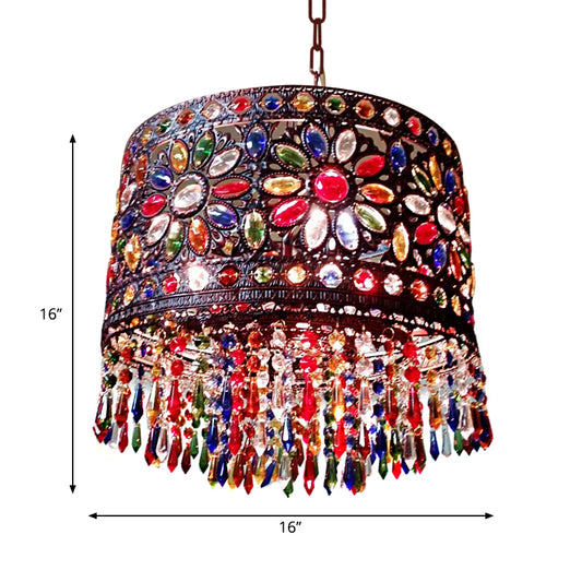 Drum Metallic Suspension Lamp Bohemian 3 Heads Living Room Chandelier Light with Crystal Deco in Red Clearhalo 'Ceiling Lights' 'Chandeliers' Lighting' options 1950569