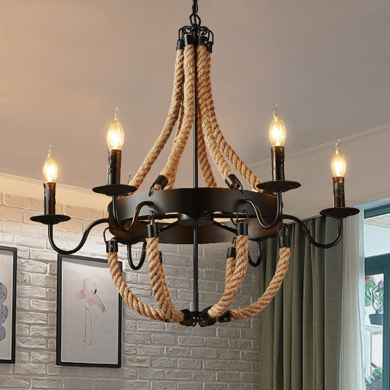 Industrial Candelabra Pendant Chandelier 6 Lights Rope Hanging Ceiling Light in Black with Metal Circle Design Black Clearhalo 'Ceiling Lights' 'Chandeliers' 'Industrial Chandeliers' 'Industrial' 'Middle Century Chandeliers' 'Tiffany' Lighting' 1950574