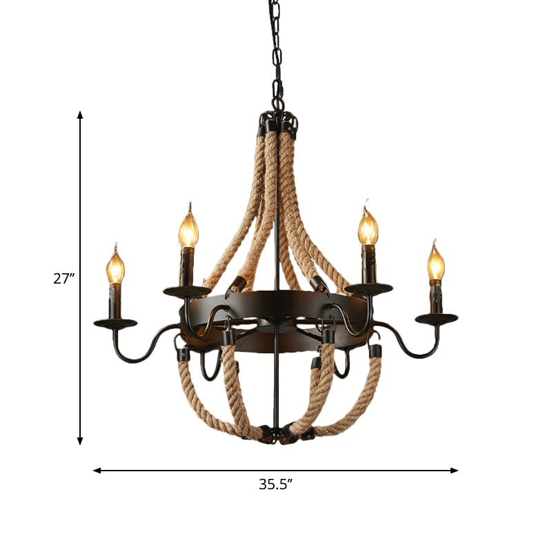 Industrial Candelabra Pendant Chandelier 6 Lights Rope Hanging Ceiling Light in Black with Metal Circle Design Clearhalo 'Ceiling Lights' 'Chandeliers' 'Industrial Chandeliers' 'Industrial' 'Middle Century Chandeliers' 'Tiffany' Lighting' 1950578